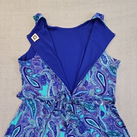 Anne Klein Midi Dress Women's 10 Navy Blue Paisley Belted Sleeveless Stretch Zip - Picture 8 of 9